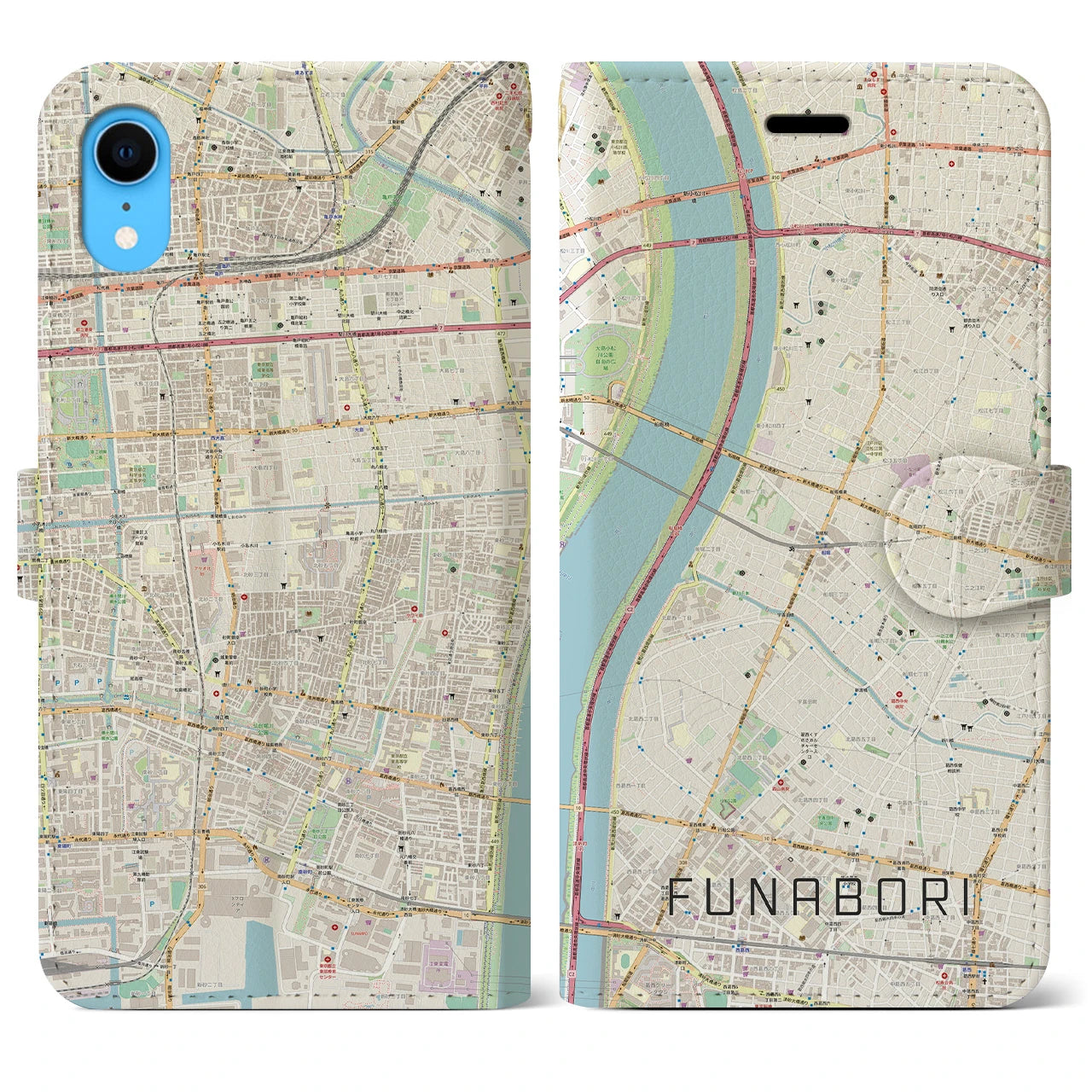 【船堀】地図柄iPhoneケース（手帳両面タイプ・ナチュラル）iPhone XR 用