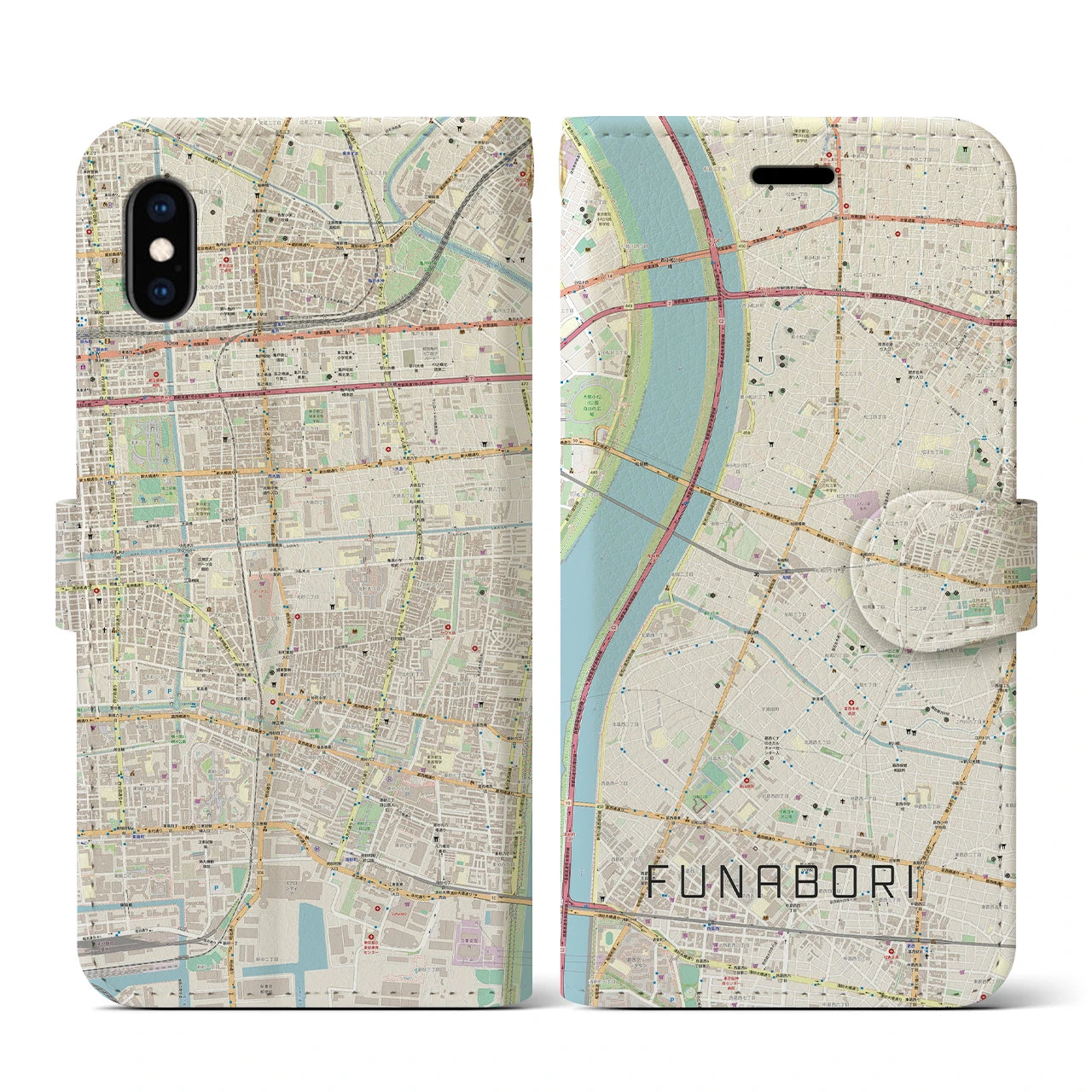【船堀】地図柄iPhoneケース（手帳両面タイプ・ナチュラル）iPhone XS / X 用
