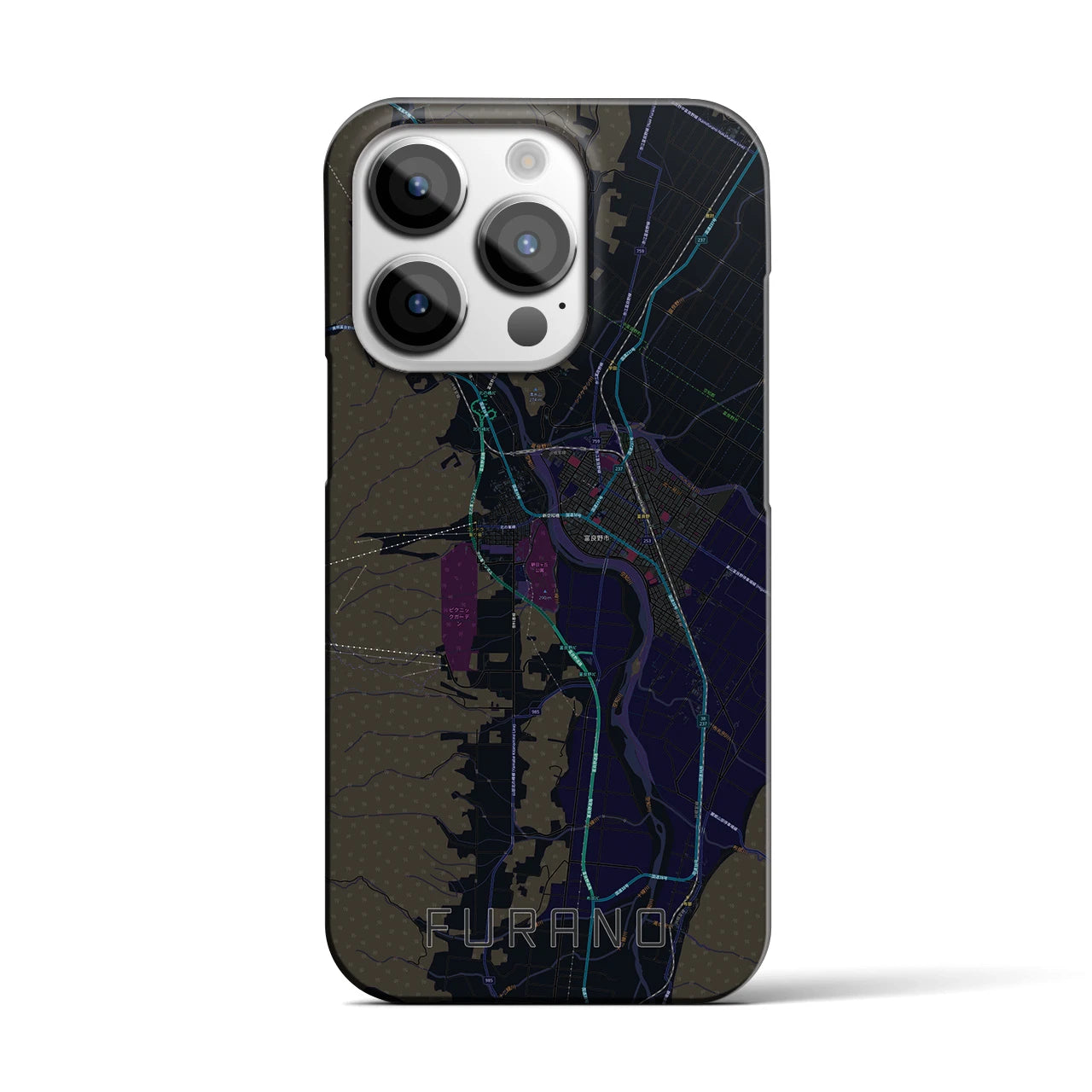 【富良野】地図柄iPhoneケース（バックカバータイプ・ブラック）iPhone 14 Pro 用