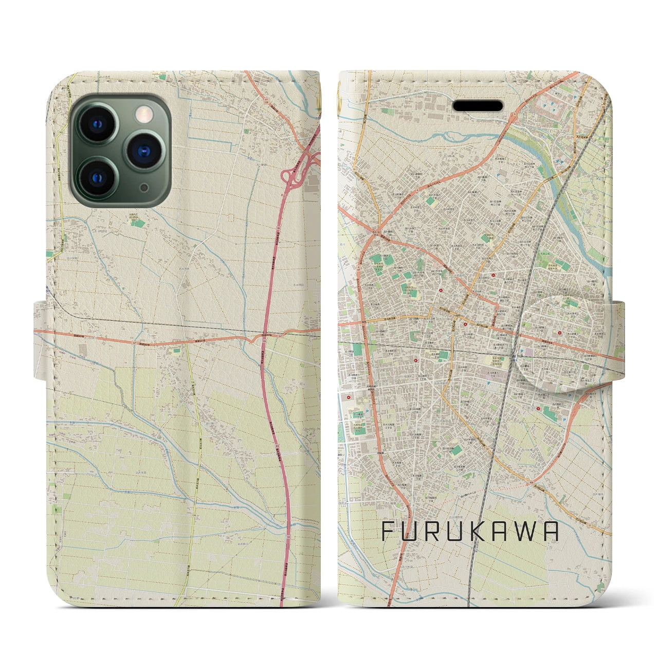 【古川】地図柄iPhoneケース（手帳両面タイプ・ナチュラル）iPhone 11 Pro 用