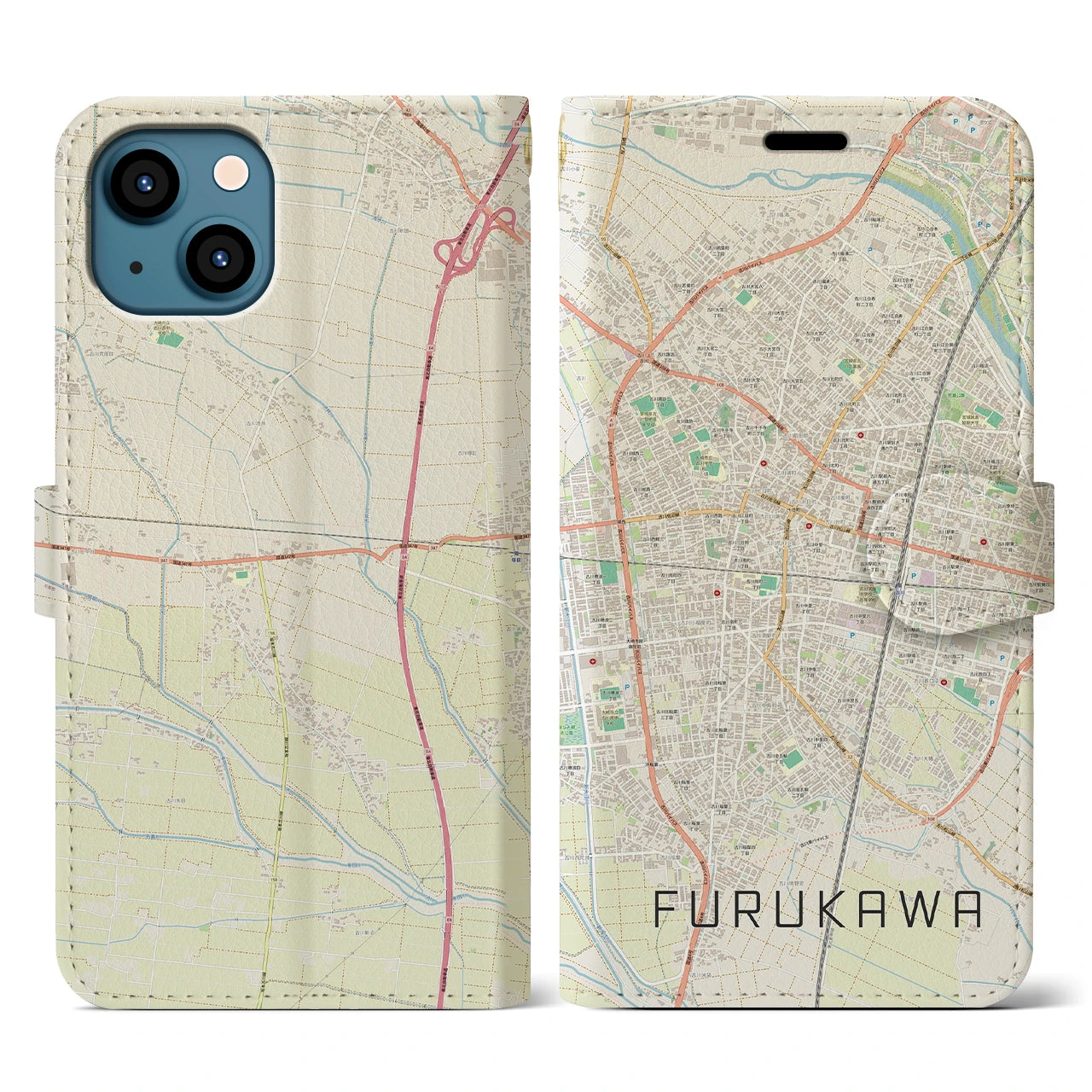 【古川】地図柄iPhoneケース（手帳両面タイプ・ナチュラル）iPhone 13 用