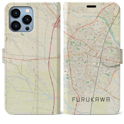【古川（宮城県）】地図柄iPhoneケース（手帳タイプ）ナチュラル・iPhone 13 Pro Max 用