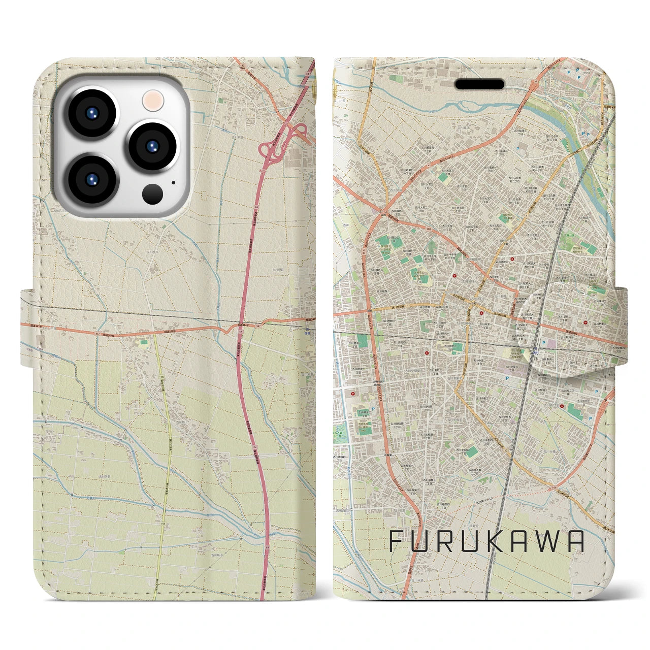 【古川】地図柄iPhoneケース（手帳両面タイプ・ナチュラル）iPhone 13 Pro 用