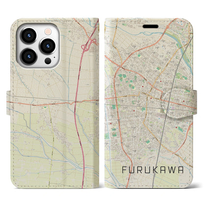 【古川（宮城県）】地図柄iPhoneケース（手帳タイプ）ナチュラル・iPhone 13 Pro 用