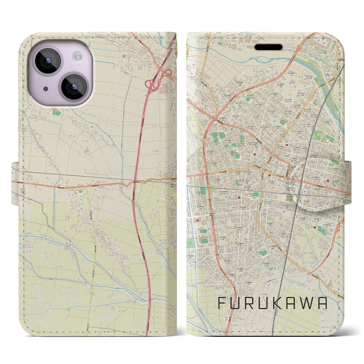 【古川】地図柄iPhoneケース（手帳両面タイプ・ナチュラル）iPhone 14 用