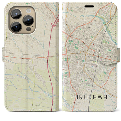 【古川（宮城県）】地図柄iPhoneケース（手帳タイプ）ナチュラル・iPhone 14 Pro Max 用