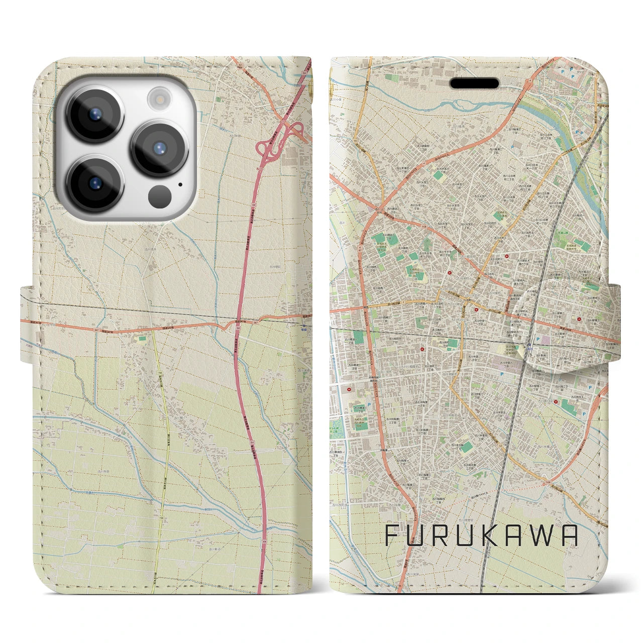 【古川】地図柄iPhoneケース（手帳両面タイプ・ナチュラル）iPhone 14 Pro 用