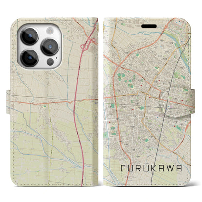 【古川（宮城県）】地図柄iPhoneケース（手帳タイプ）ナチュラル・iPhone 14 Pro 用