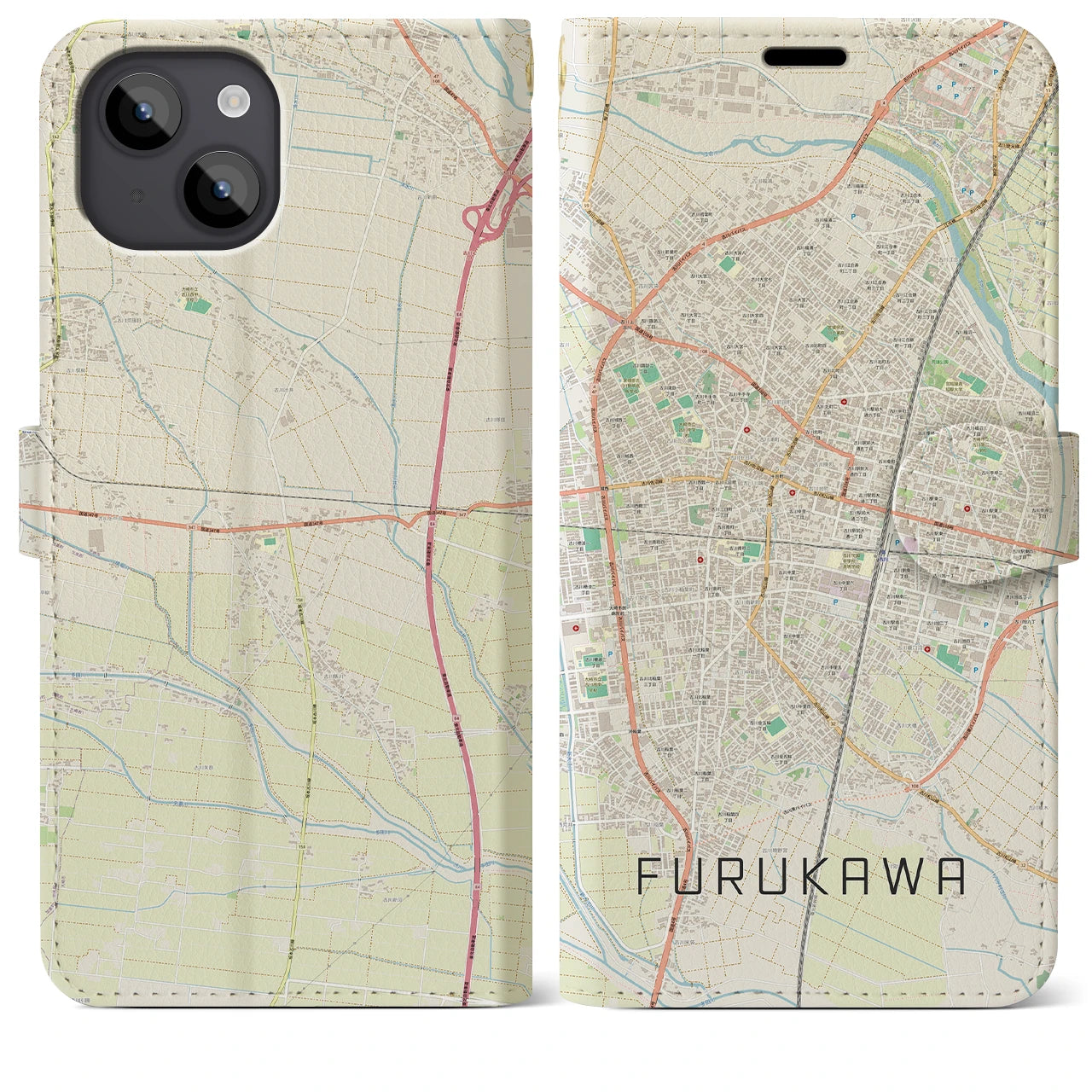【古川】地図柄iPhoneケース（手帳両面タイプ・ナチュラル）iPhone 14 Plus 用