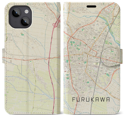 【古川（宮城県）】地図柄iPhoneケース（手帳タイプ）ナチュラル・iPhone 14 Plus 用
