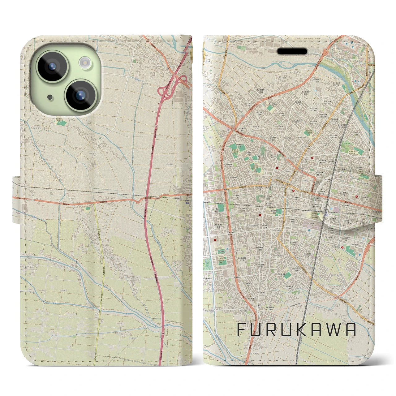 【古川】地図柄iPhoneケース（手帳両面タイプ・ナチュラル）iPhone 15 用