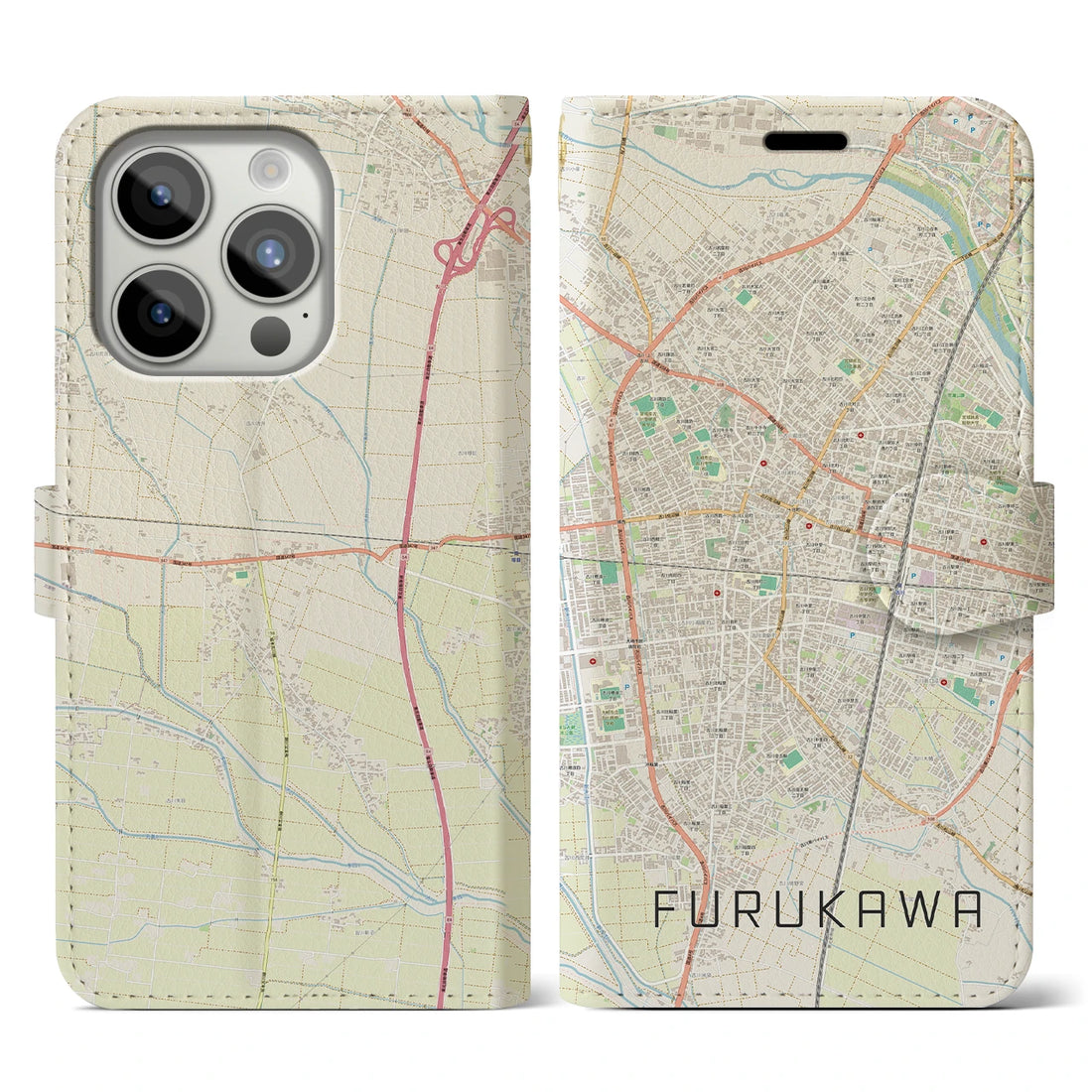 【古川】地図柄iPhoneケース（手帳両面タイプ・ナチュラル）iPhone 15 Pro 用