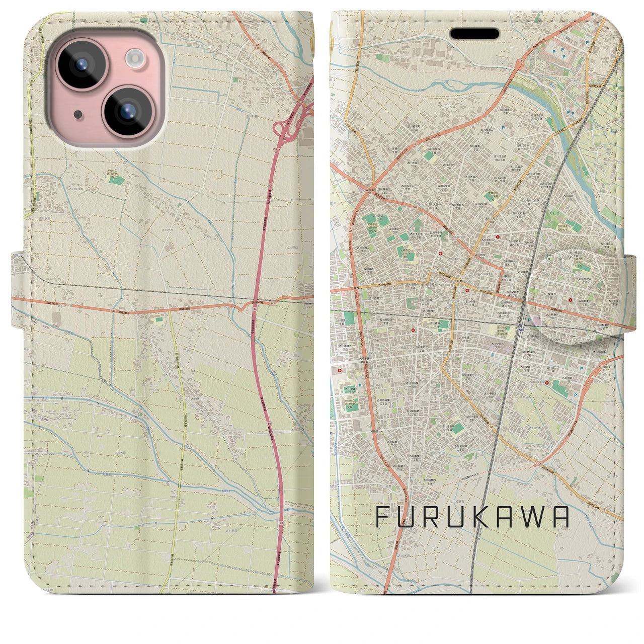 【古川】地図柄iPhoneケース（手帳両面タイプ・ナチュラル）iPhone 15 Plus 用