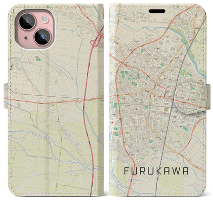 【古川（宮城県）】地図柄iPhoneケース（手帳タイプ）ナチュラル・iPhone 15 Plus 用