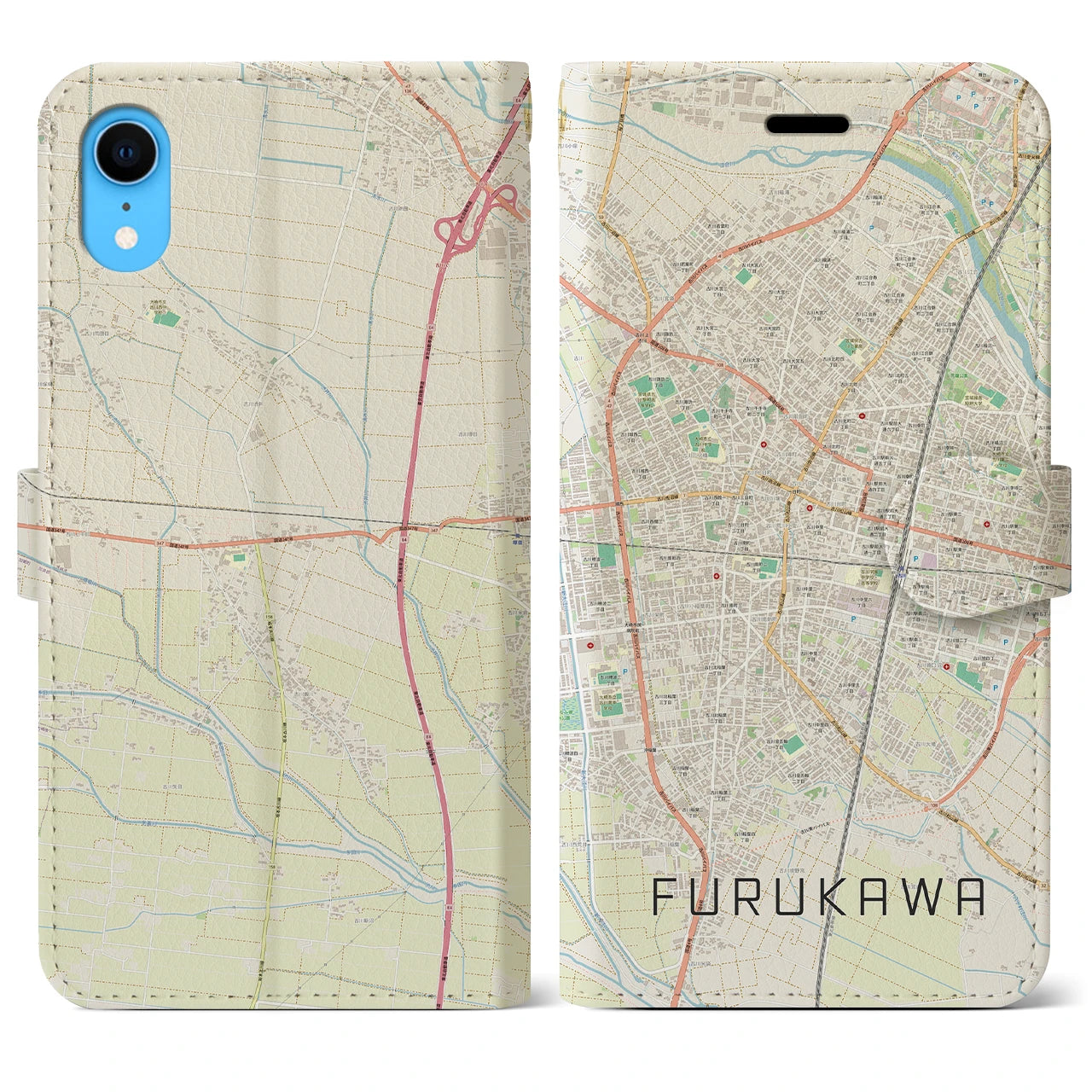 【古川】地図柄iPhoneケース（手帳両面タイプ・ナチュラル）iPhone XR 用