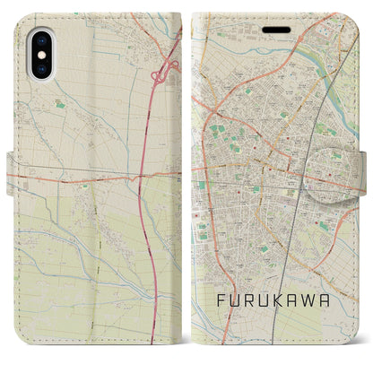 【古川（宮城県）】地図柄iPhoneケース（手帳タイプ）ナチュラル・iPhone XS Max 用