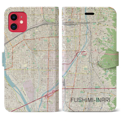 【伏見稲荷（京都府）】地図柄iPhoneケース（手帳タイプ）ナチュラル・iPhone 11 用