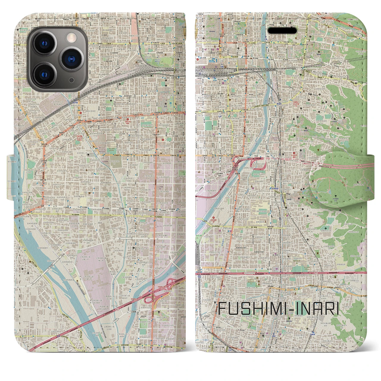 【伏見稲荷】地図柄iPhoneケース（手帳両面タイプ・ナチュラル）iPhone 11 Pro Max 用