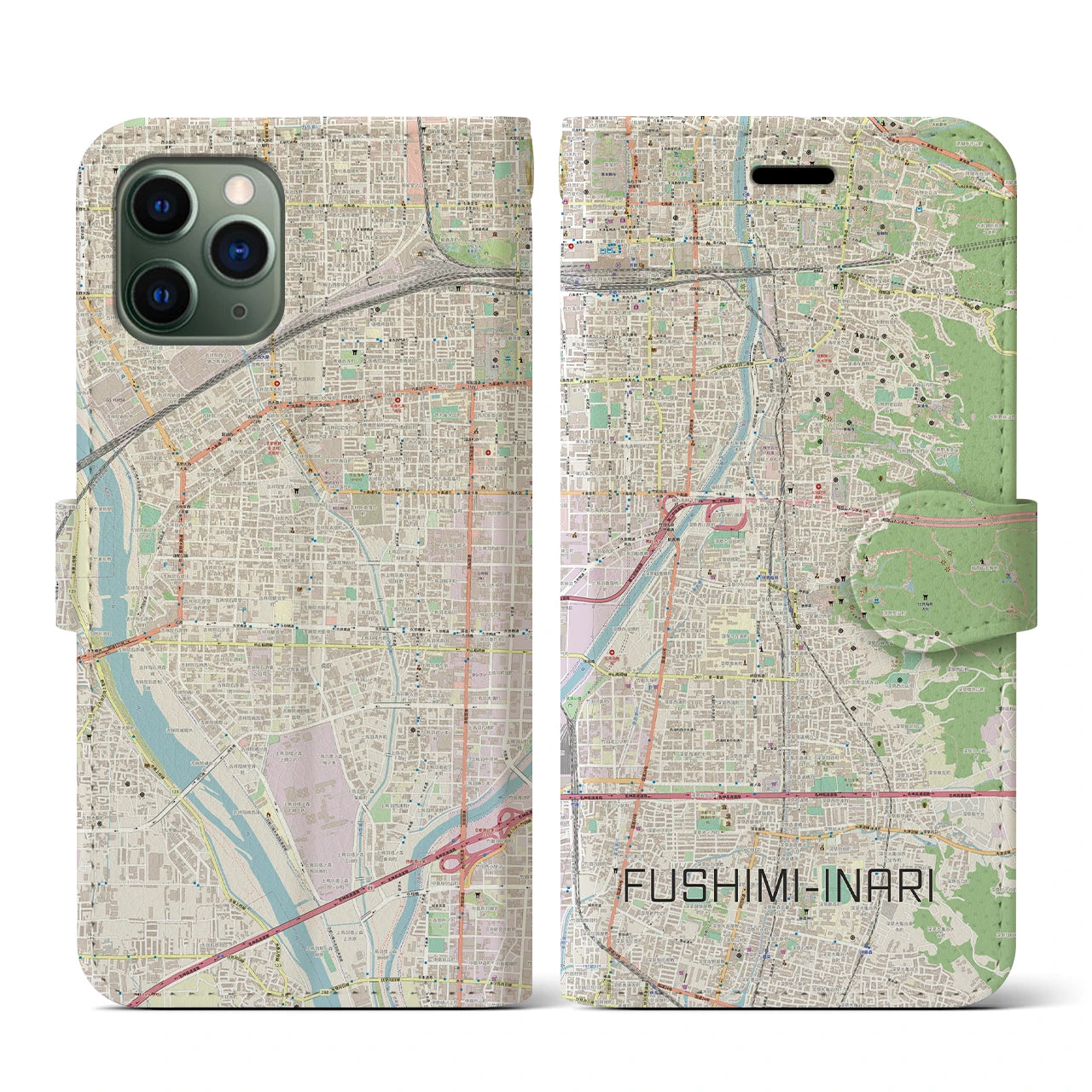 【伏見稲荷】地図柄iPhoneケース（手帳両面タイプ・ナチュラル）iPhone 11 Pro 用