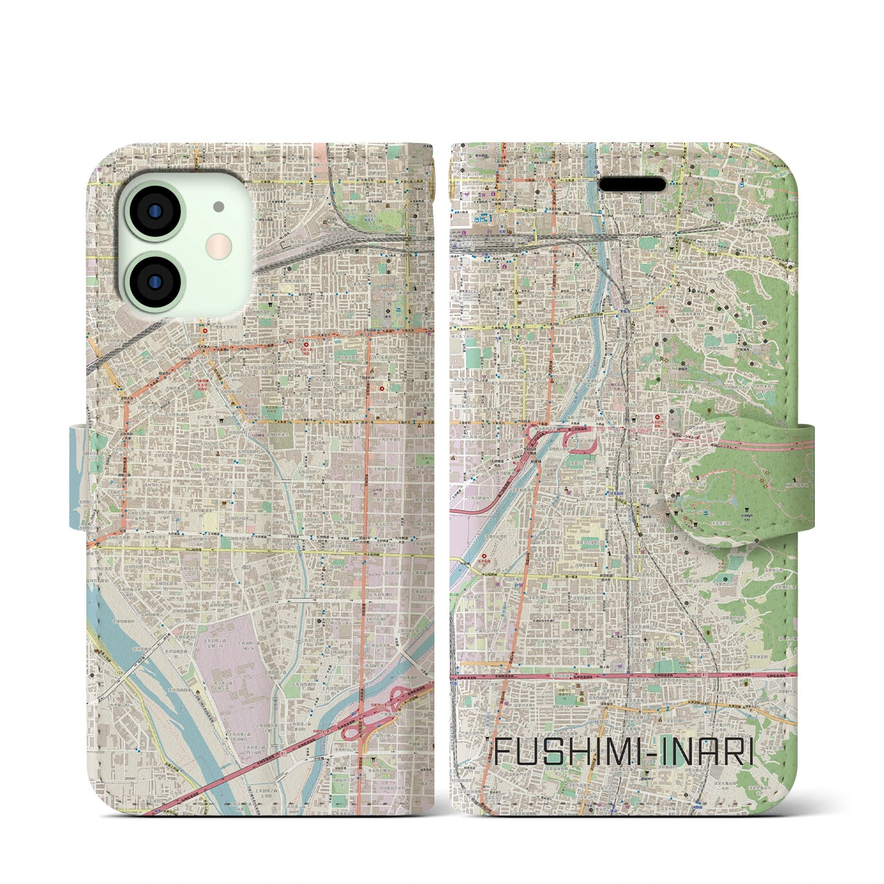 【伏見稲荷】地図柄iPhoneケース（手帳両面タイプ・ナチュラル）iPhone 12 mini 用