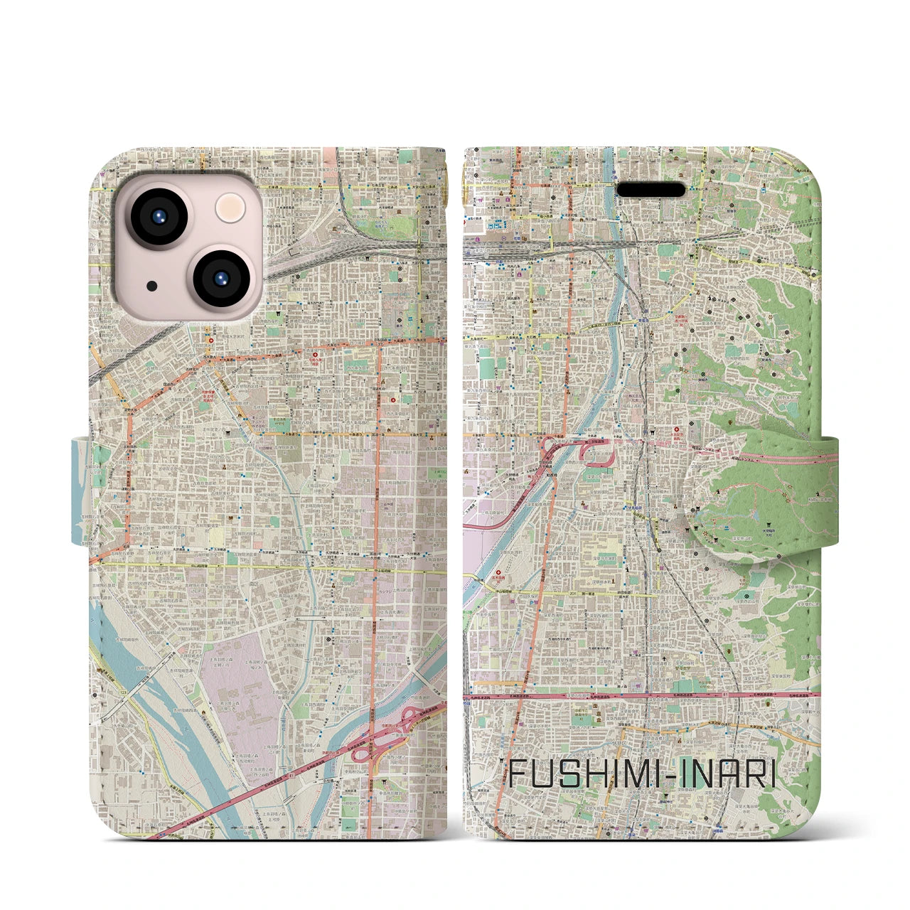 【伏見稲荷】地図柄iPhoneケース（手帳両面タイプ・ナチュラル）iPhone 13 mini 用