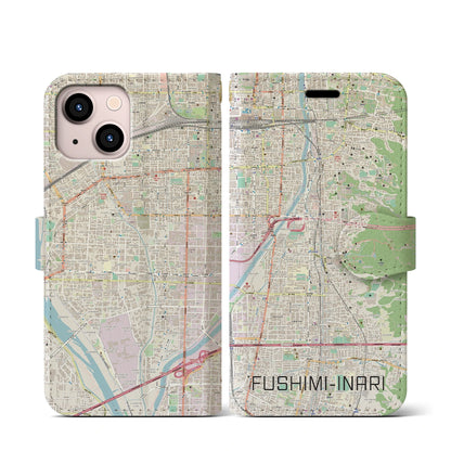 【伏見稲荷（京都府）】地図柄iPhoneケース（手帳タイプ）ナチュラル・iPhone 13 mini 用