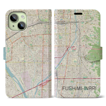 【伏見稲荷（京都府）】地図柄iPhoneケース（手帳タイプ）ナチュラル・iPhone 15 用