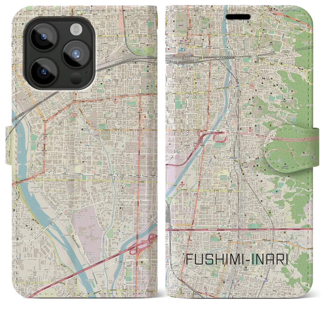 【伏見稲荷】地図柄iPhoneケース（手帳両面タイプ・ナチュラル）iPhone 15 Pro Max 用