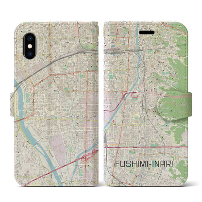 【伏見稲荷（京都府）】地図柄iPhoneケース（手帳タイプ）ナチュラル・iPhone XS / X 用
