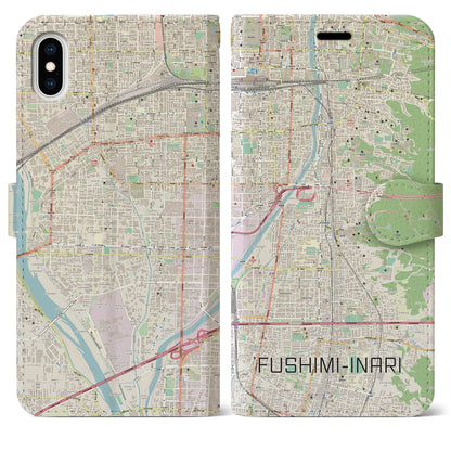 【伏見稲荷（京都府）】地図柄iPhoneケース（手帳タイプ）ナチュラル・iPhone XS Max 用