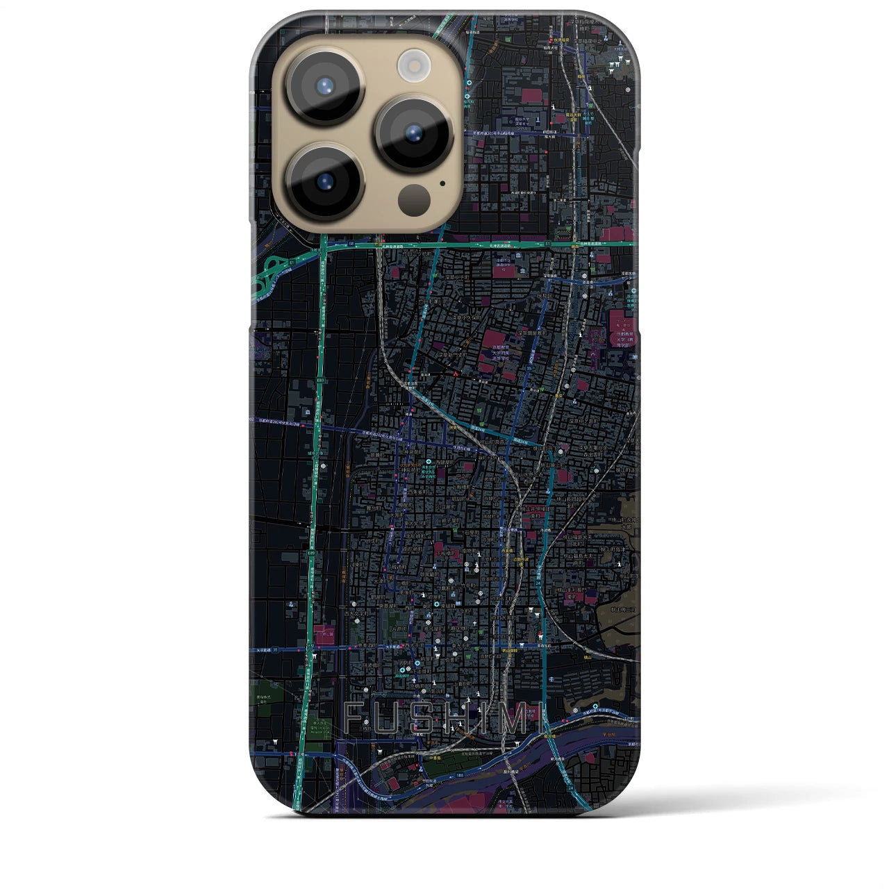 【伏見】地図柄iPhoneケース（バックカバータイプ・ブラック）iPhone 14 Pro Max 用
