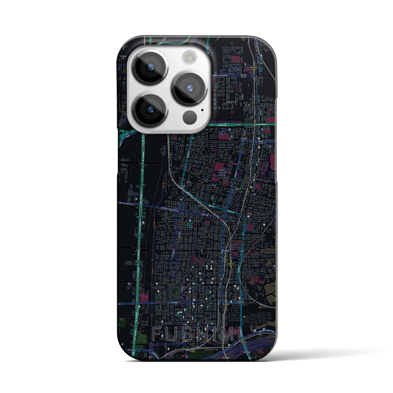 【伏見】地図柄iPhoneケース（バックカバータイプ・ブラック）iPhone 14 Pro 用