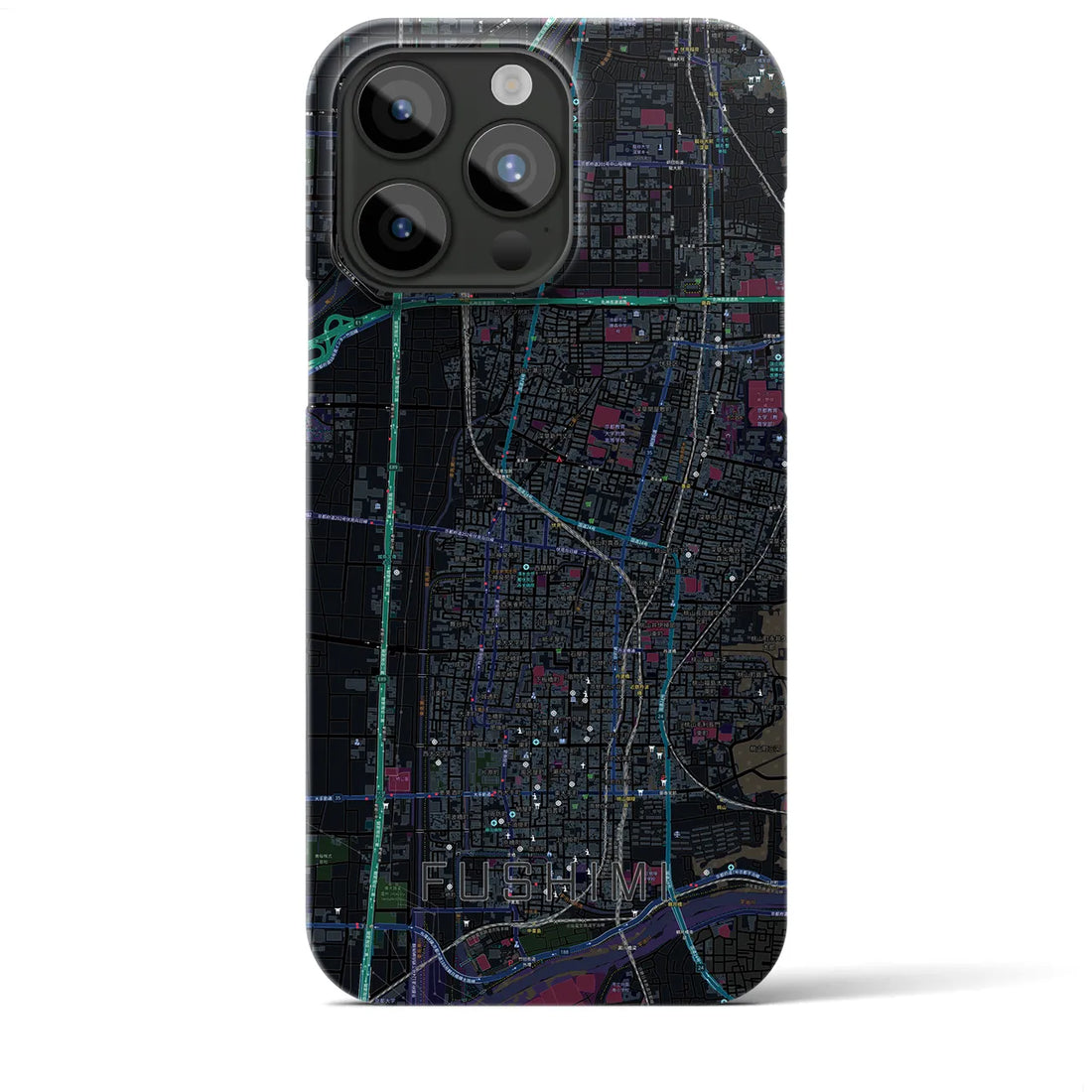 【伏見】地図柄iPhoneケース（バックカバータイプ・ブラック）iPhone 15 Pro Max 用