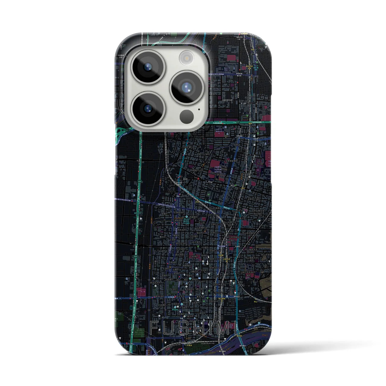 【伏見】地図柄iPhoneケース（バックカバータイプ・ブラック）iPhone 15 Pro 用