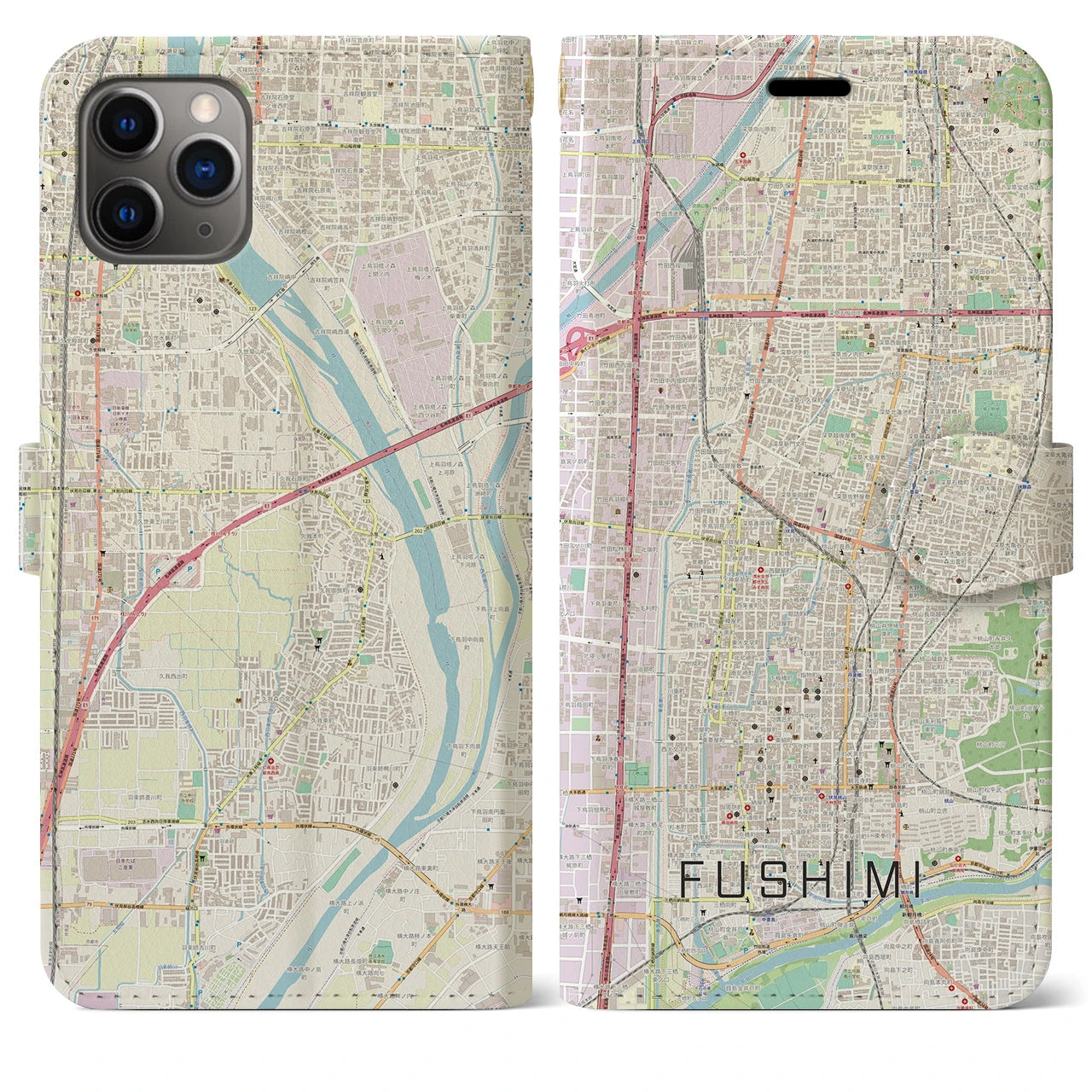 【伏見】地図柄iPhoneケース（手帳両面タイプ・ナチュラル）iPhone 11 Pro Max 用