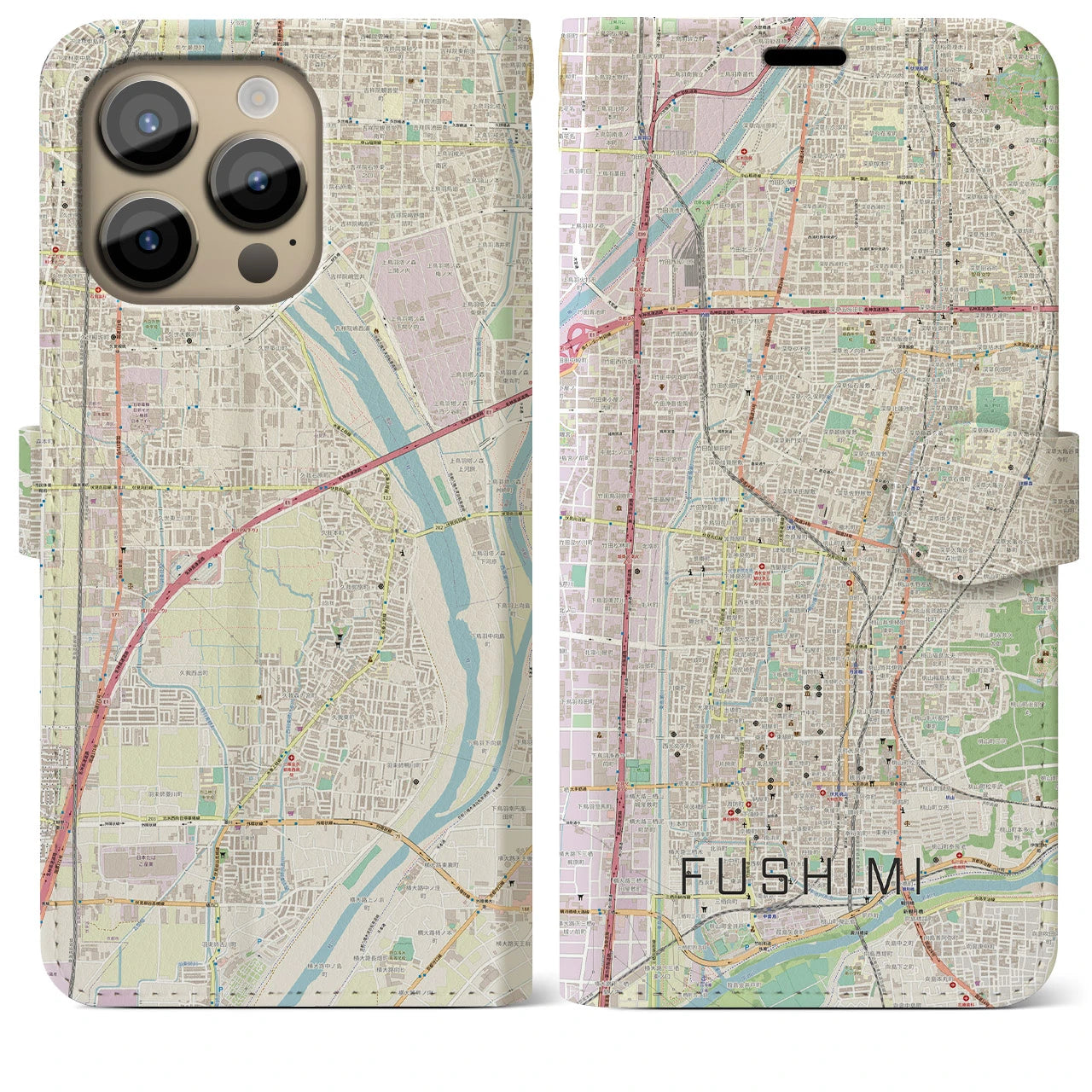 【伏見】地図柄iPhoneケース（手帳両面タイプ・ナチュラル）iPhone 14 Pro Max 用
