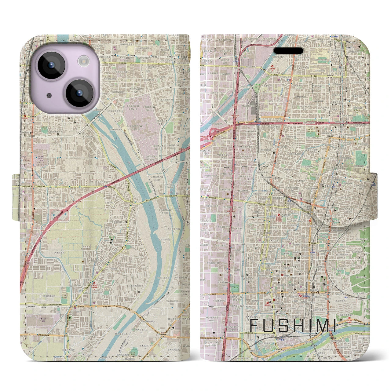 【伏見】地図柄iPhoneケース（手帳両面タイプ・ナチュラル）iPhone 14 用