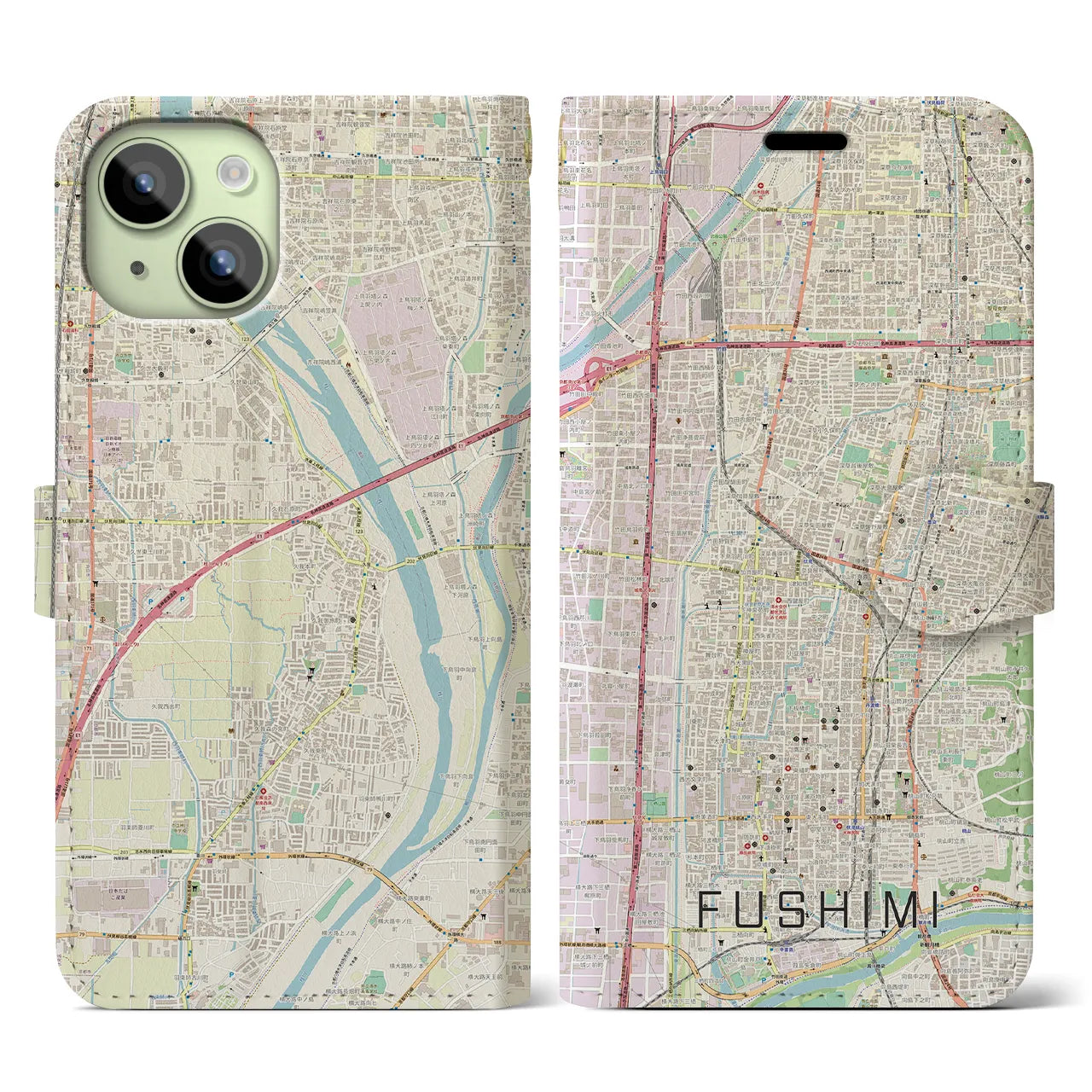 【伏見】地図柄iPhoneケース（手帳両面タイプ・ナチュラル）iPhone 15 用