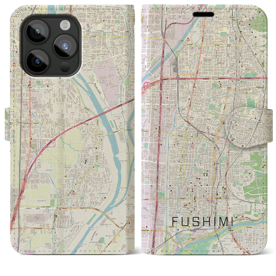 【伏見】地図柄iPhoneケース（手帳両面タイプ・ナチュラル）iPhone 15 Pro Max 用