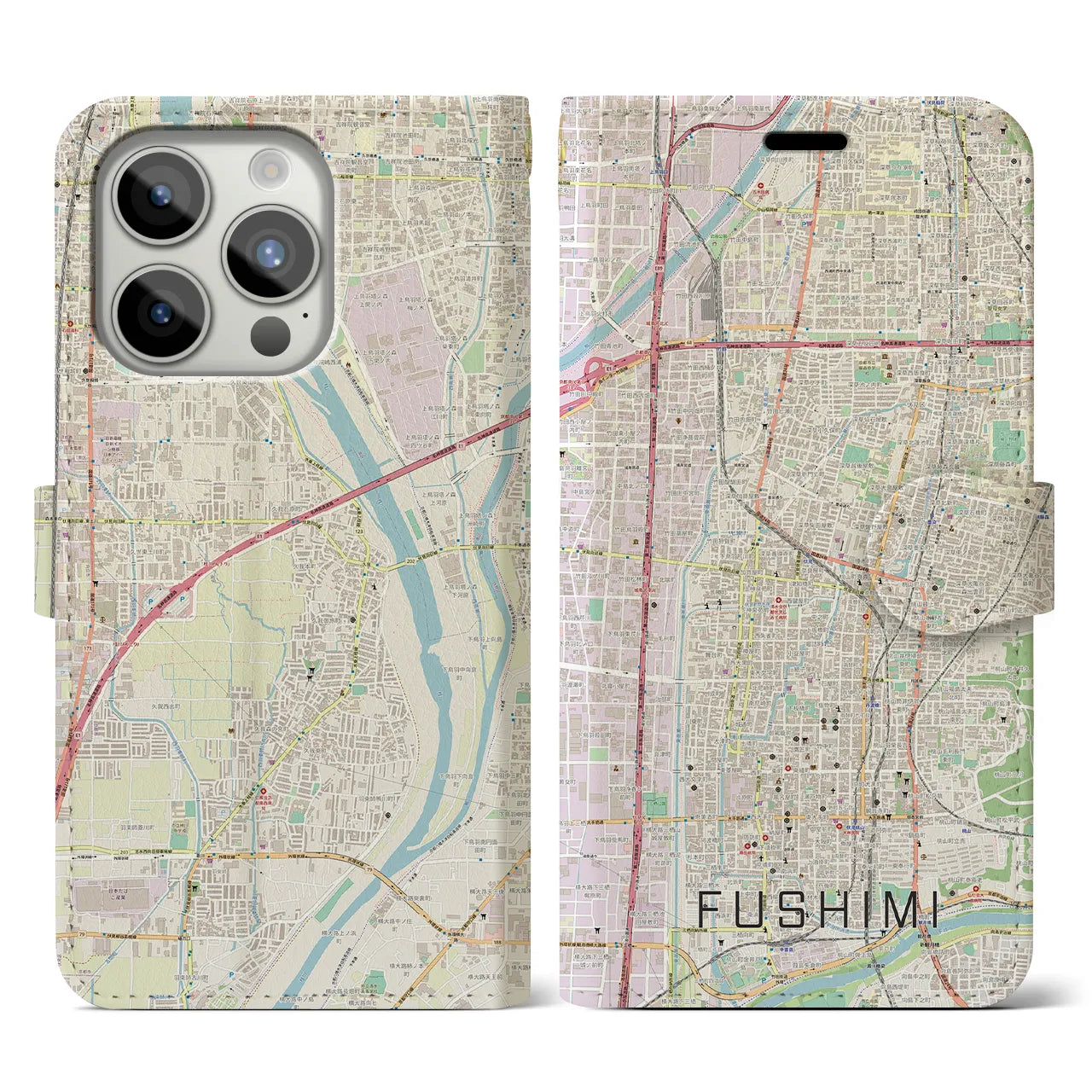 【伏見】地図柄iPhoneケース（手帳両面タイプ・ナチュラル）iPhone 15 Pro 用