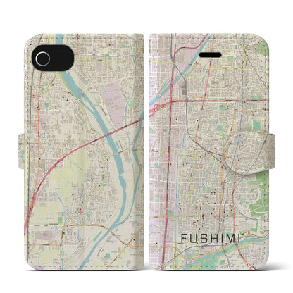 【伏見（京都府）】地図柄iPhoneケース（手帳タイプ）ナチュラル・iPhone SE（第3 / 第2世代） / 8 / 7 / 6s / 6 用