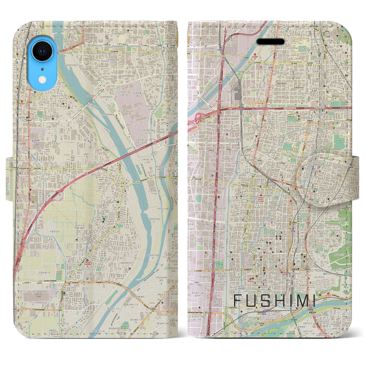 【伏見】地図柄iPhoneケース（手帳両面タイプ・ナチュラル）iPhone XR 用