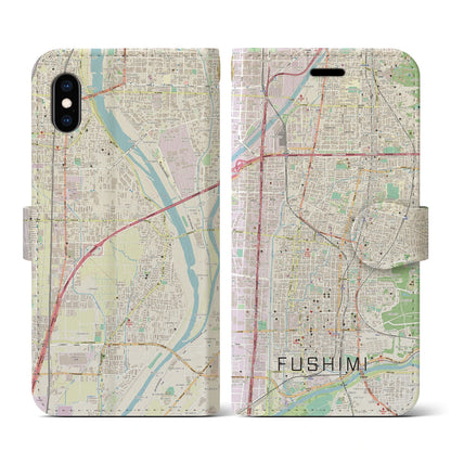 【伏見（京都府）】地図柄iPhoneケース（手帳タイプ）ナチュラル・iPhone XS / X 用