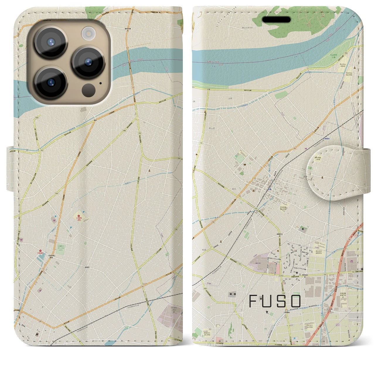 【扶桑】地図柄iPhoneケース（手帳両面タイプ・ナチュラル）iPhone 14 Pro Max 用