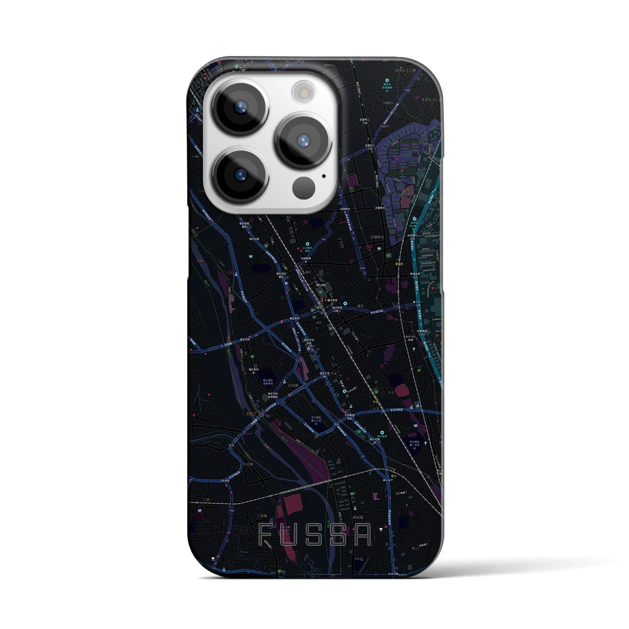 【福生】地図柄iPhoneケース（バックカバータイプ・ブラック）iPhone 14 Pro 用