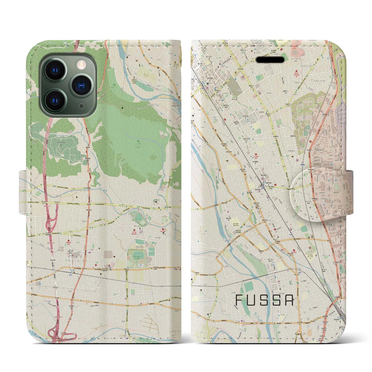 【福生】地図柄iPhoneケース（手帳両面タイプ・ナチュラル）iPhone 11 Pro 用