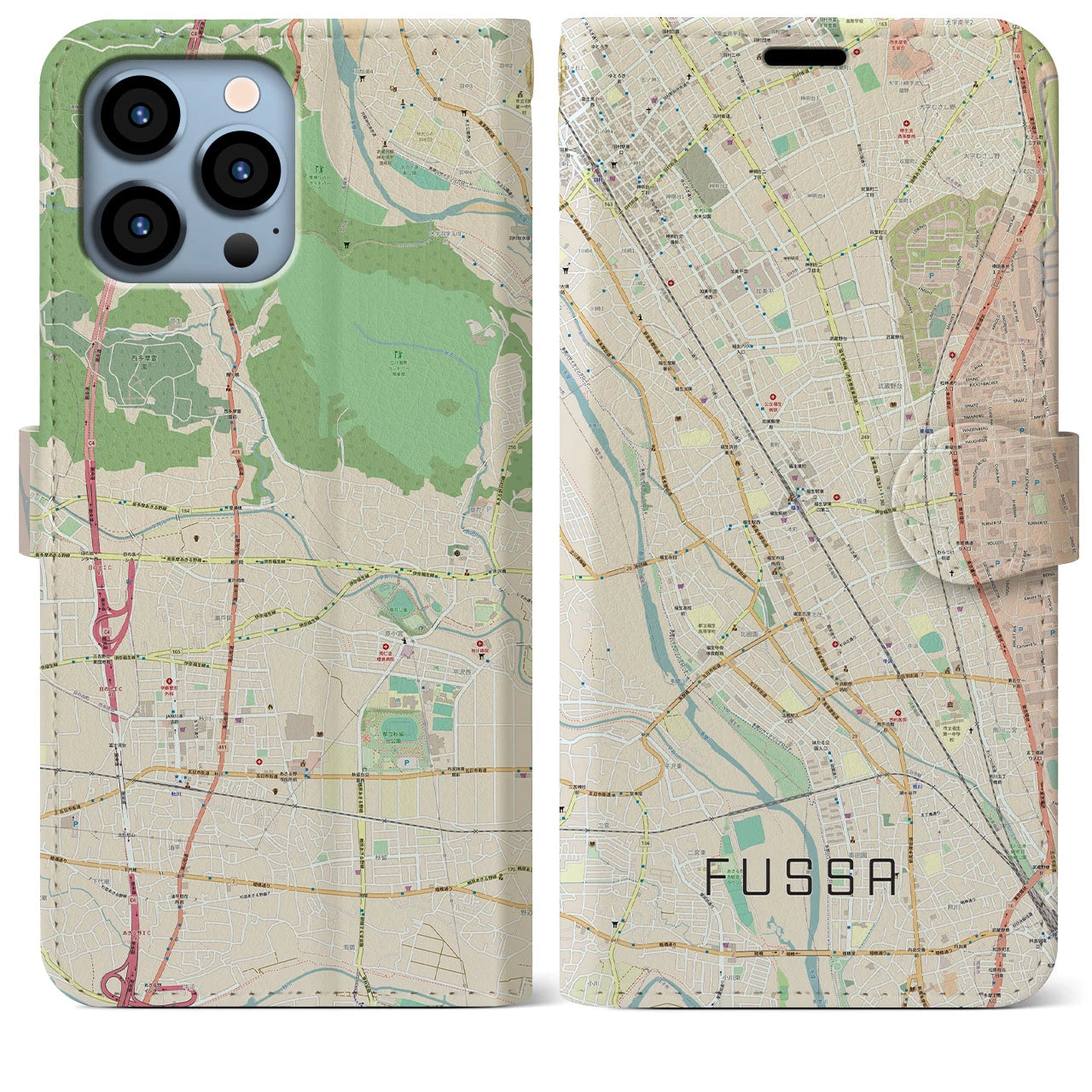 【福生】地図柄iPhoneケース（手帳両面タイプ・ナチュラル）iPhone 13 Pro Max 用