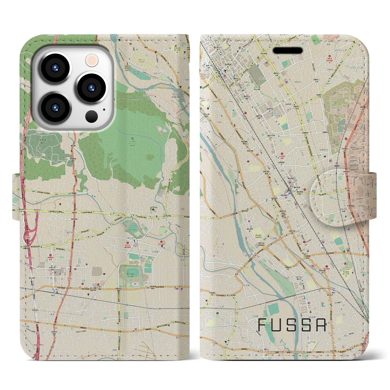 【福生】地図柄iPhoneケース（手帳両面タイプ・ナチュラル）iPhone 13 Pro 用