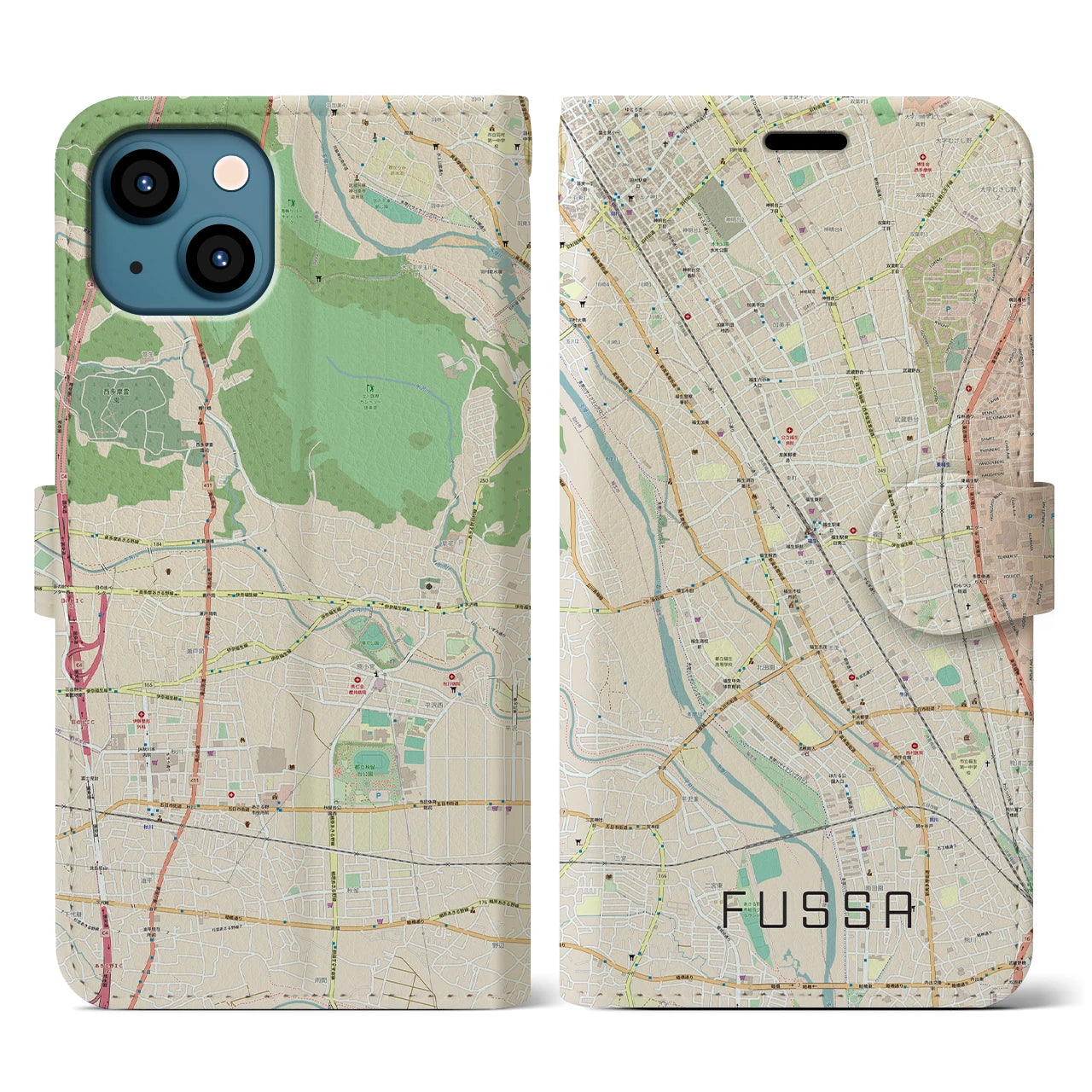 【福生】地図柄iPhoneケース（手帳両面タイプ・ナチュラル）iPhone 13 用