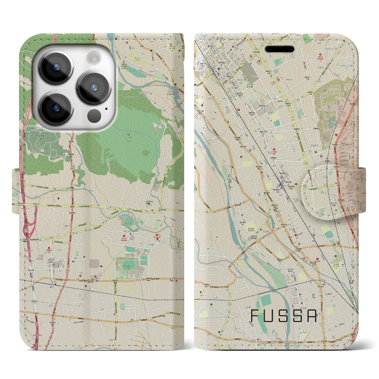 【福生】地図柄iPhoneケース（手帳両面タイプ・ナチュラル）iPhone 14 Pro 用